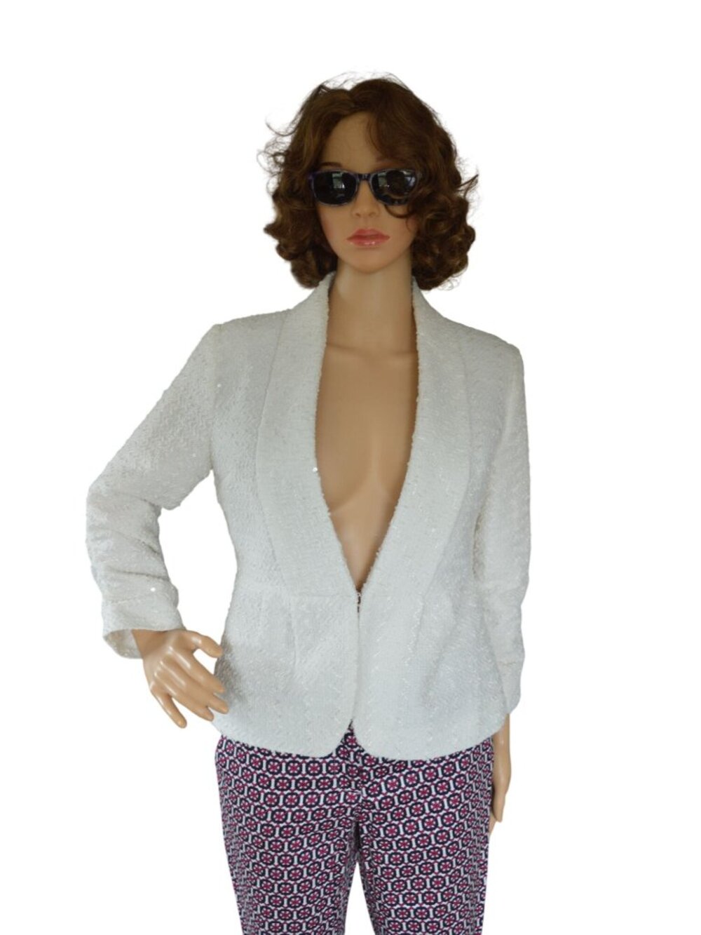 Linear Ivory White Sequined Cropped Open Front Blazer Women's Size Petite Small